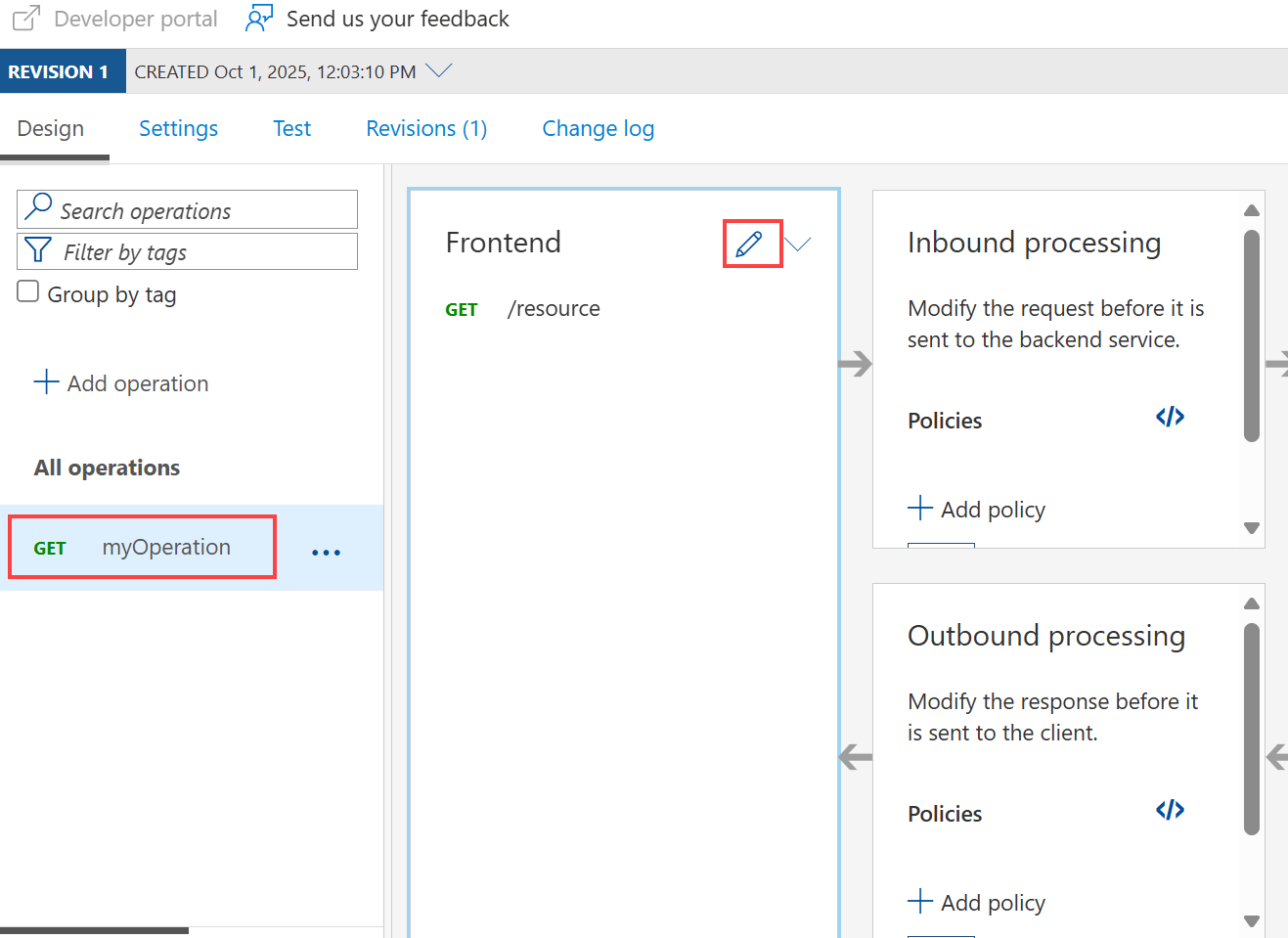 Screenshot that shows the process for editing an API in API Management.