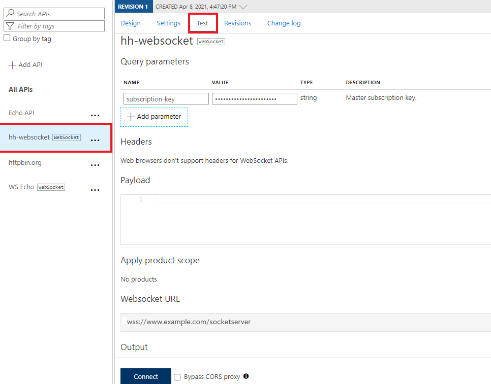 Screenshot showing the test options for the API.