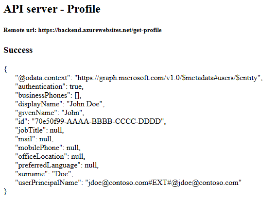 Screenshot of web browser showing front-end application after successfully getting real profile from back-end app.