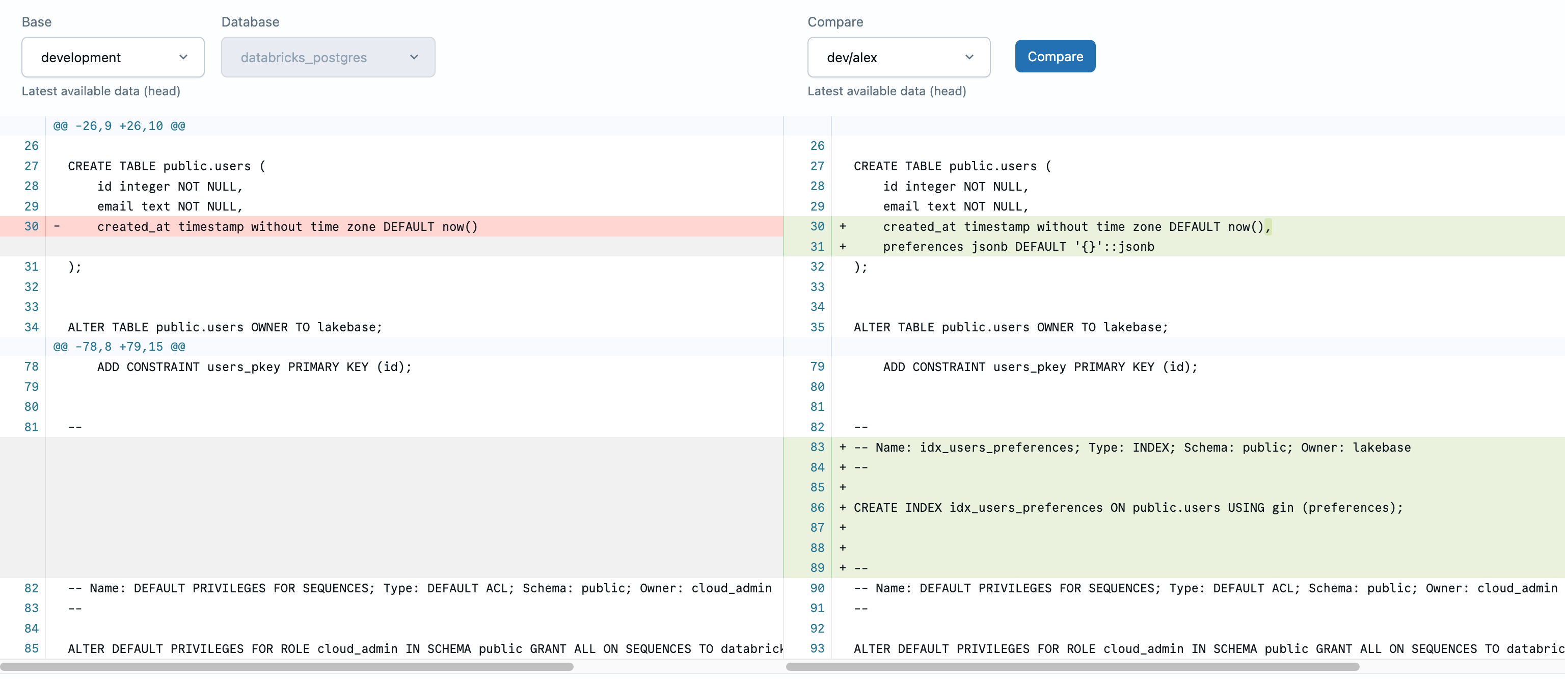Schema diff showing preferences column and index added to dev/alex branch