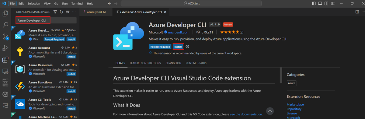 Screenshot of Visual Studio Code, showing the Extensions pane with the Azure Developer CLI extension and Install highlighted.