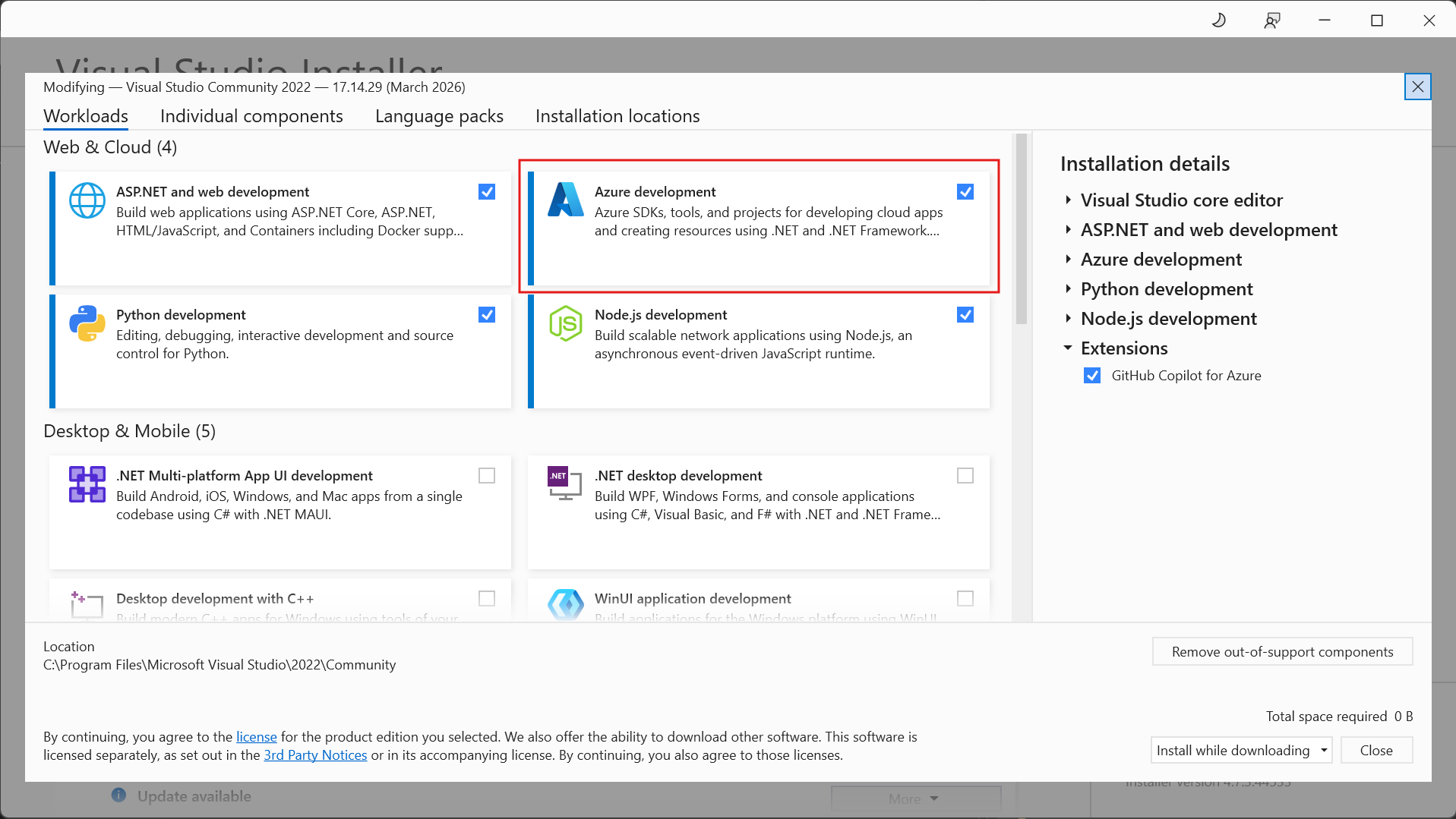 Screenshot that shows the Visual Studio Installer with the Azure development button highlighted.