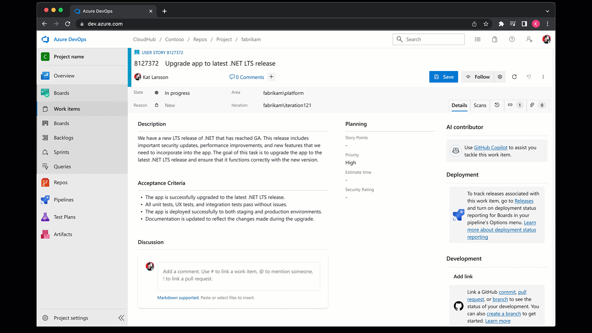 animated gif example of work item integration with GitHub coding agent