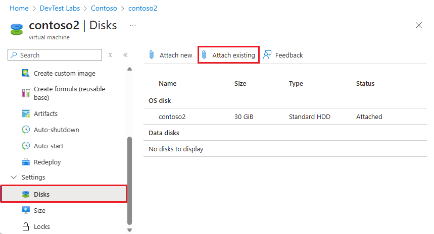 Screenshot of Attach existing on the VM's Disk page.