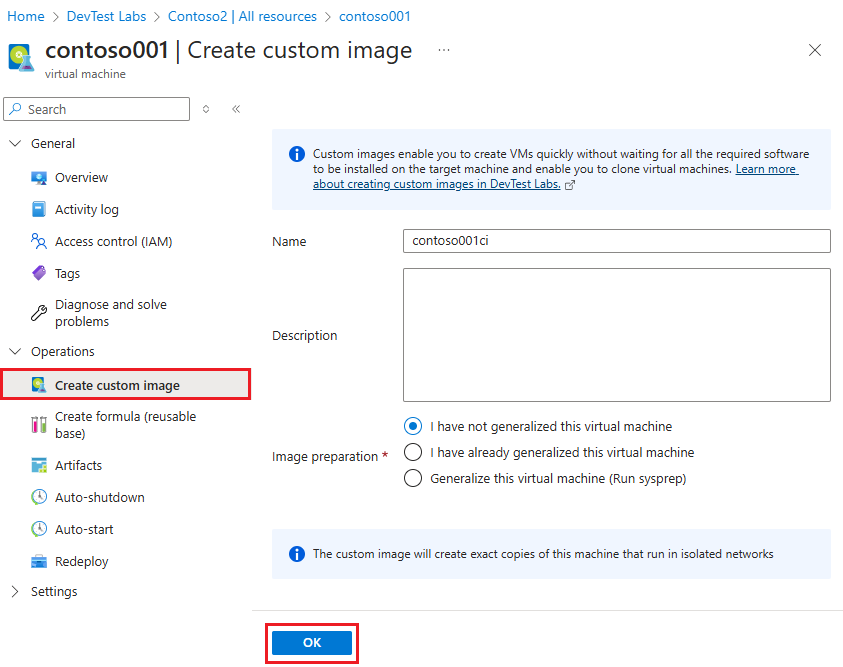 Screenshot that shows the Create custom image page.