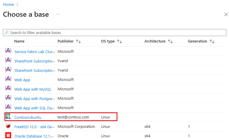 Screenshot that shows the Custom images available in the list of base images.