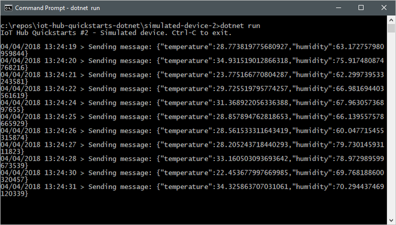 Screenshot of a terminal window that shows the output of the simulated device application.