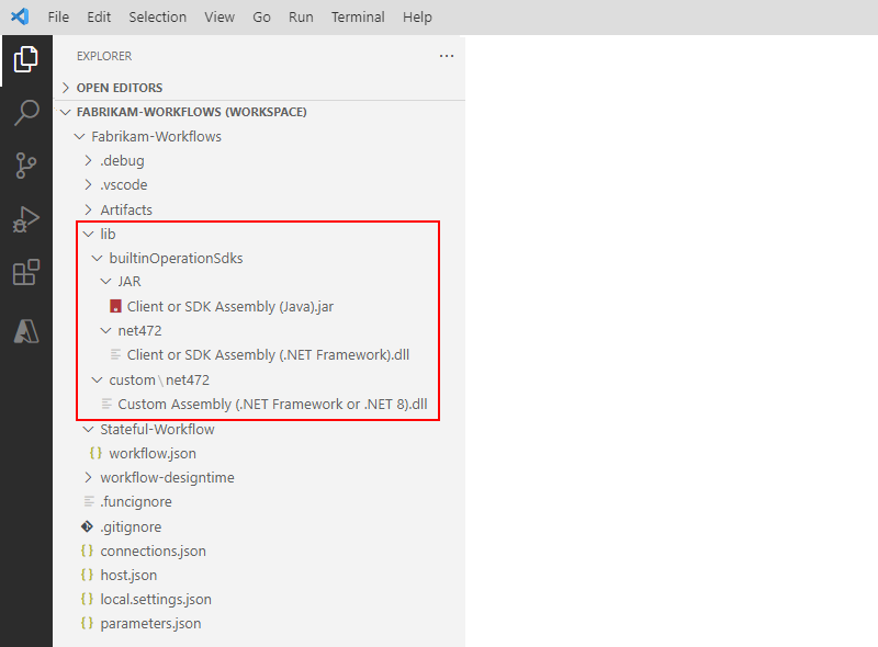Screenshot shows Visual Studio Code project structure and expanded assembly folders.
