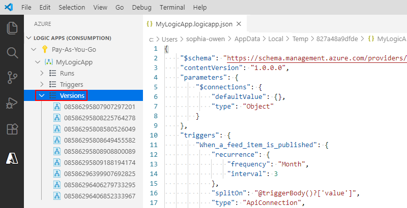 Screenshot that shows Visual Studio Code and a logic app's earlier versions.