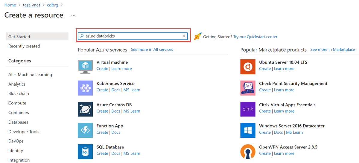 Screenshot that shows a search for Azure Databricks.