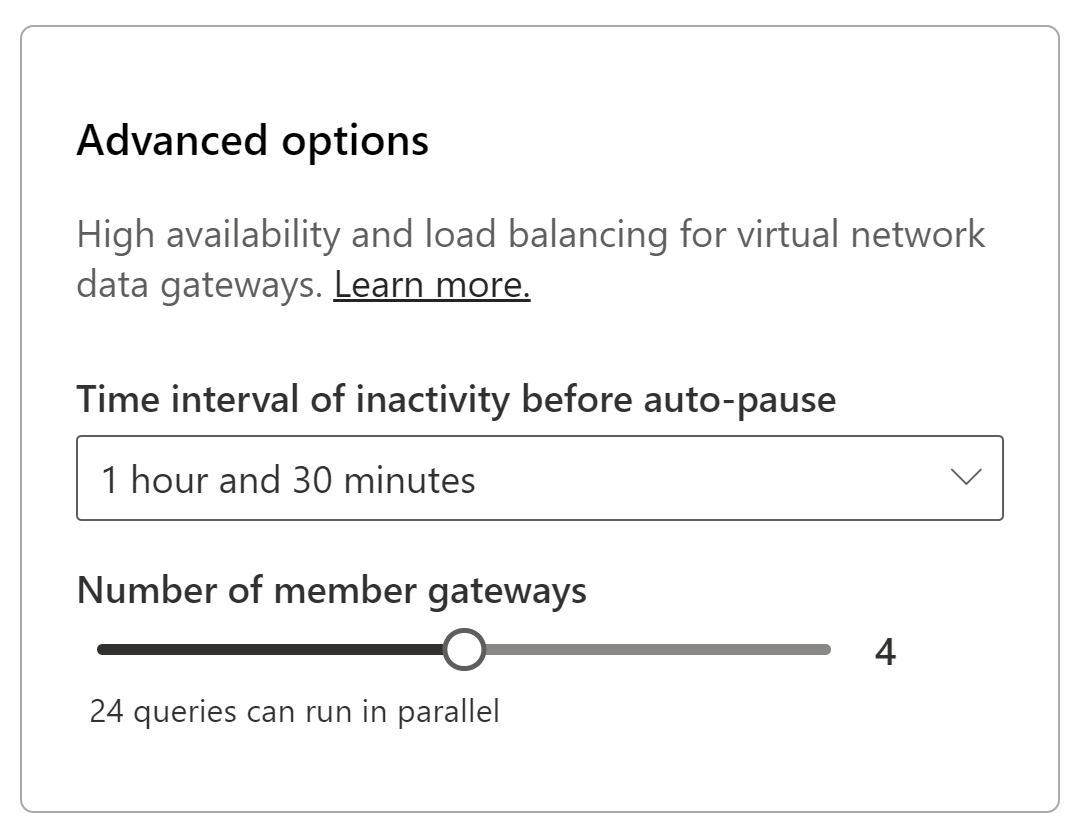Screenshot of the VNet gateway advanced options, with the Time interval set to 1 hour 30 minutes and the number of gateways set to 4.