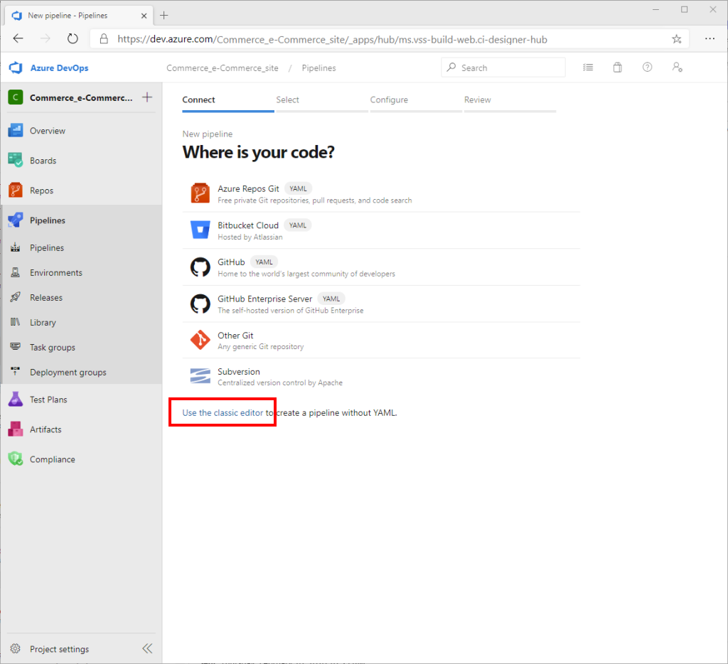 Screenshot of Azure DevOps Where is your code page with the Use the classic editor link highlighted.