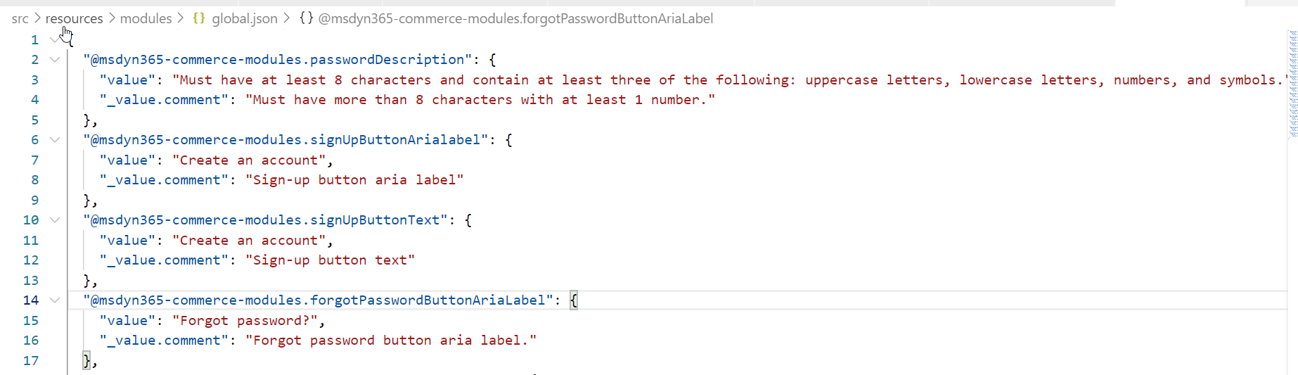 Screenshot of updated link text in the sign in module's global.json file.