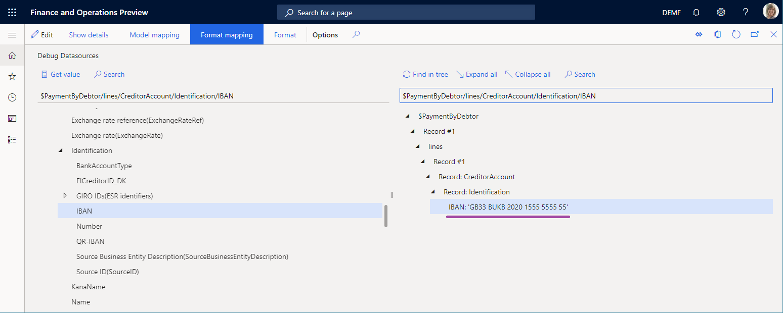 Screenshot of the value of the IBAN field in the format mapping.