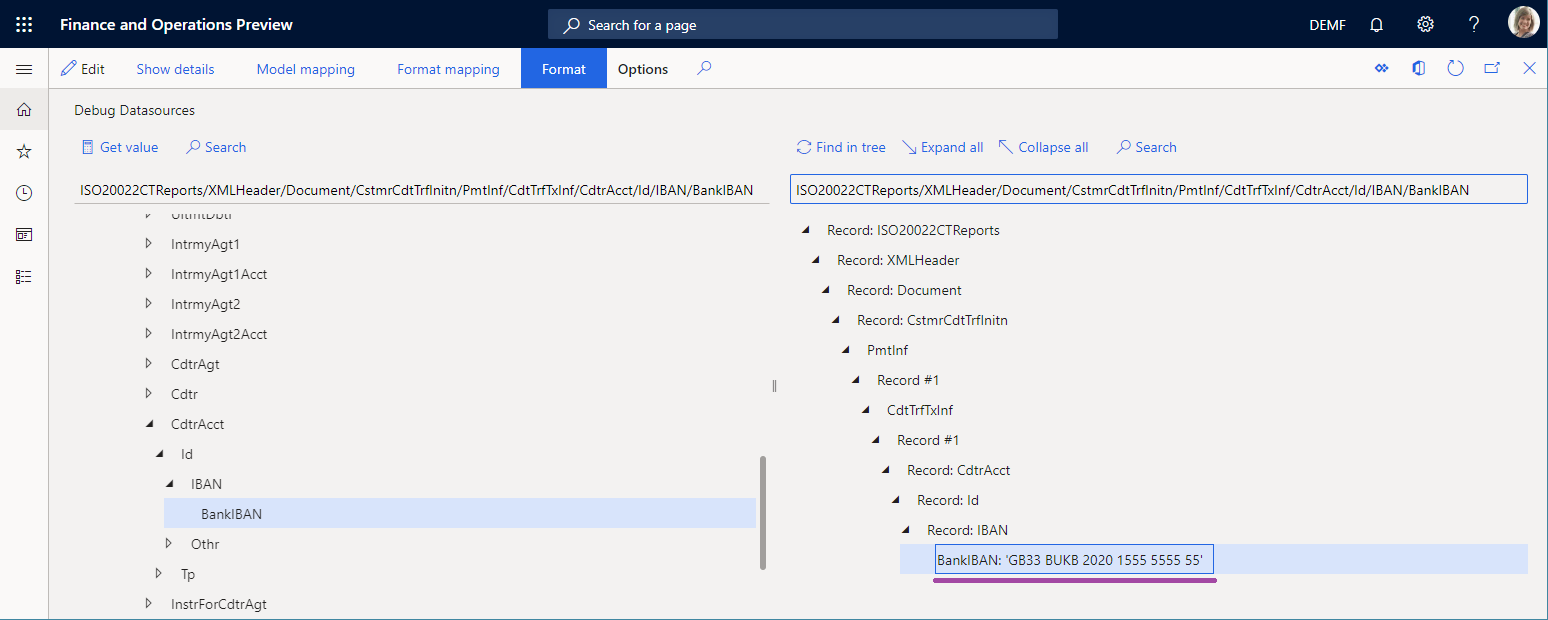 Screenshot of the value of the IBAN field in the format.