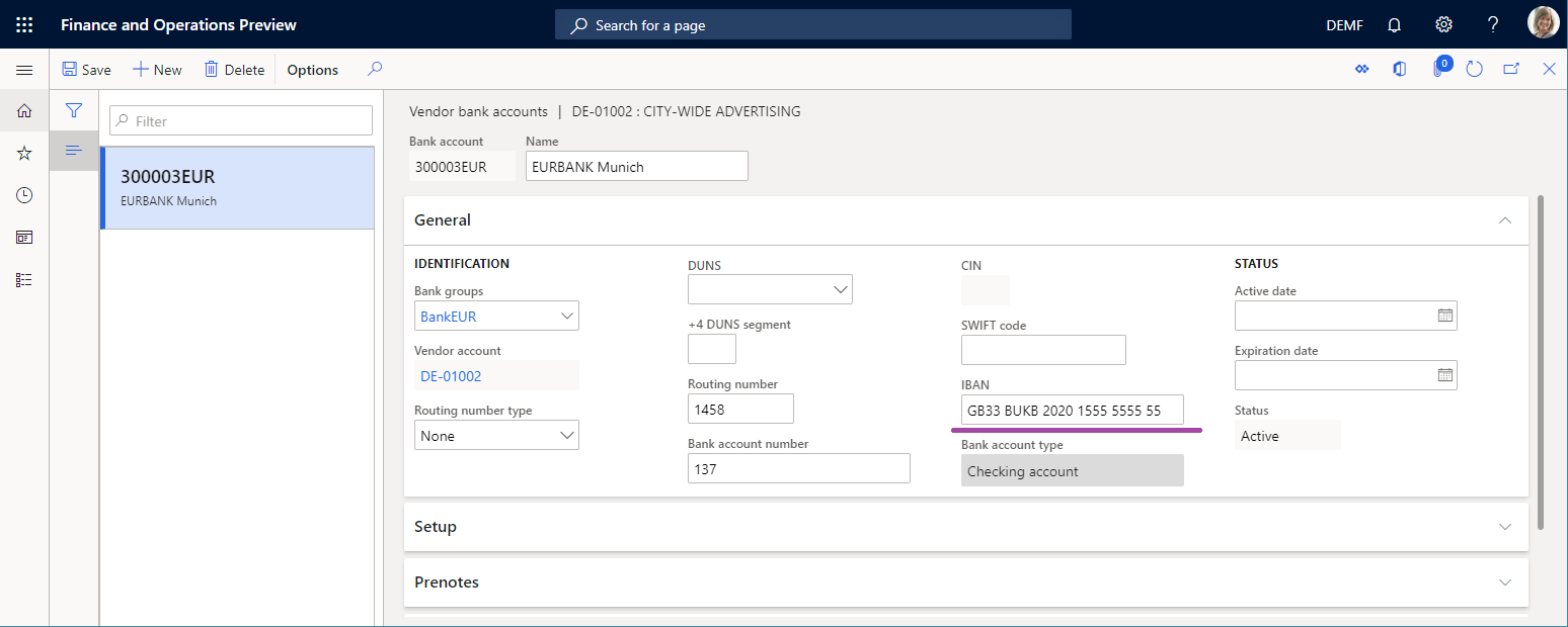 Screenshot of IBAN field set on the Vendor bank accounts page.
