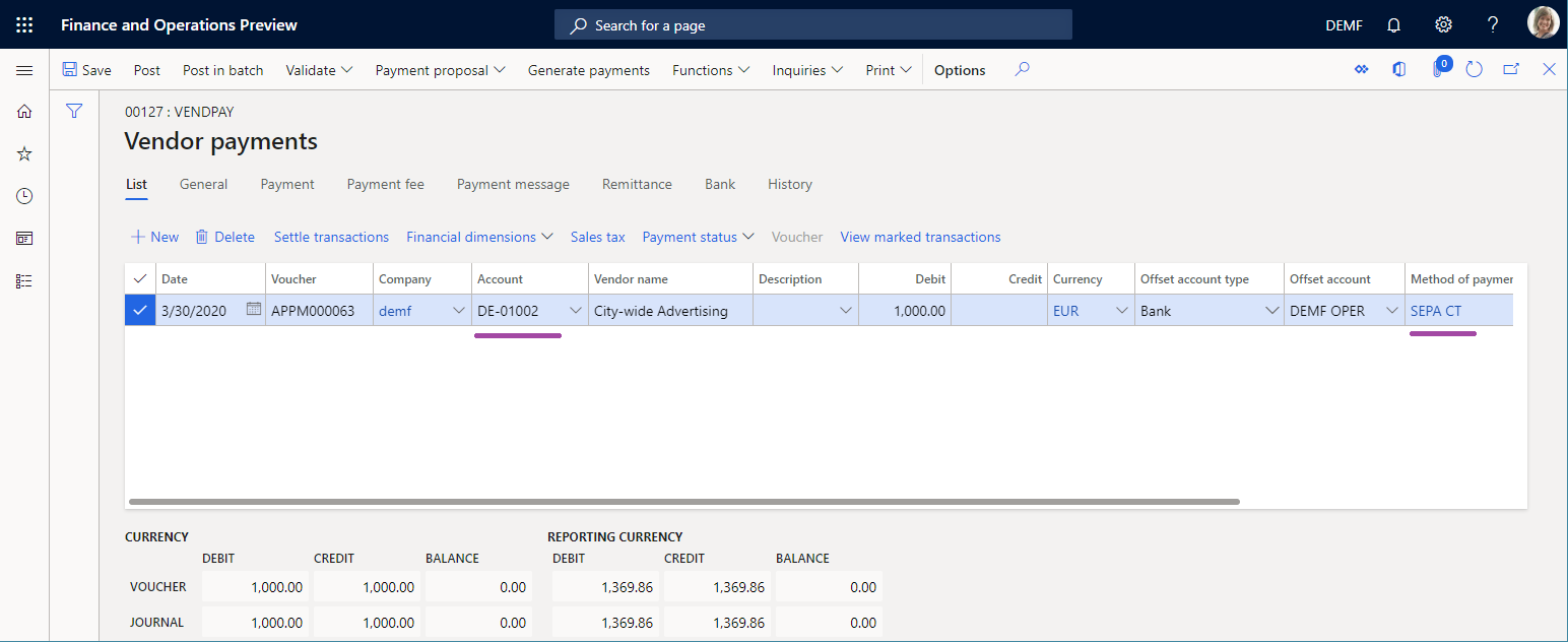 Screenshot of vendor payment added on the Vendor payments page.