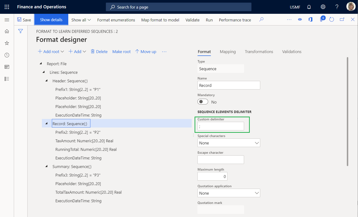 Screenshot of Record sequence format element that uses a semicolon as the delimiter.
