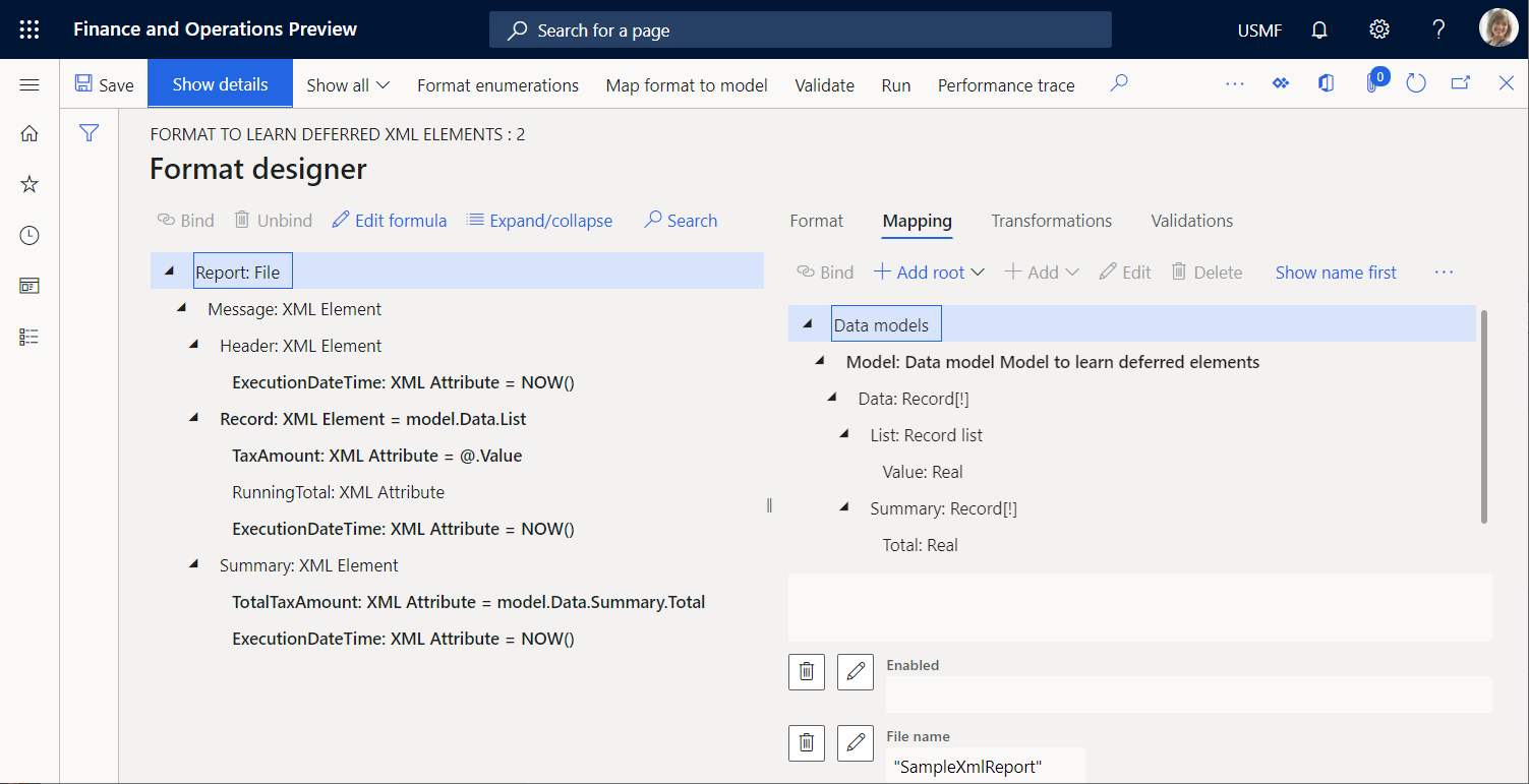 Screenshot of Mapping tab on the Format designer page.