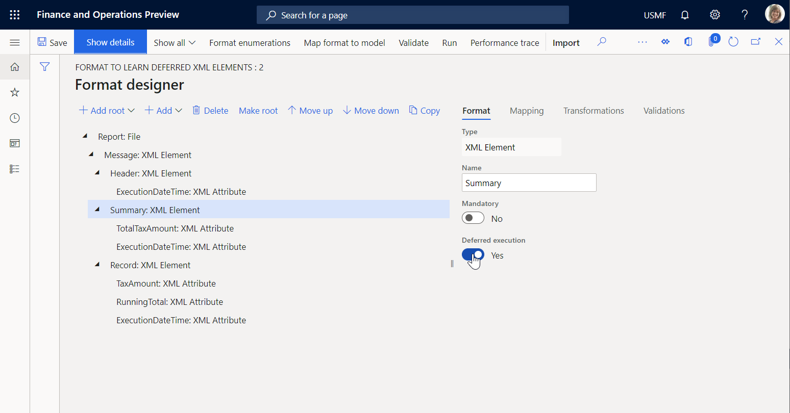 Screenshot of Deferred execution option of the Summary XML element on the Format designer page.