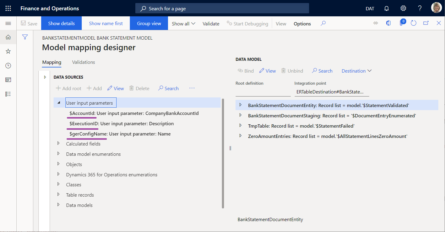 Screenshot of the ER model mapping designer showing the list of data sources of the 'Bank statement mapping to destination' configuration that includes data sources of the 'User input parameter' type.