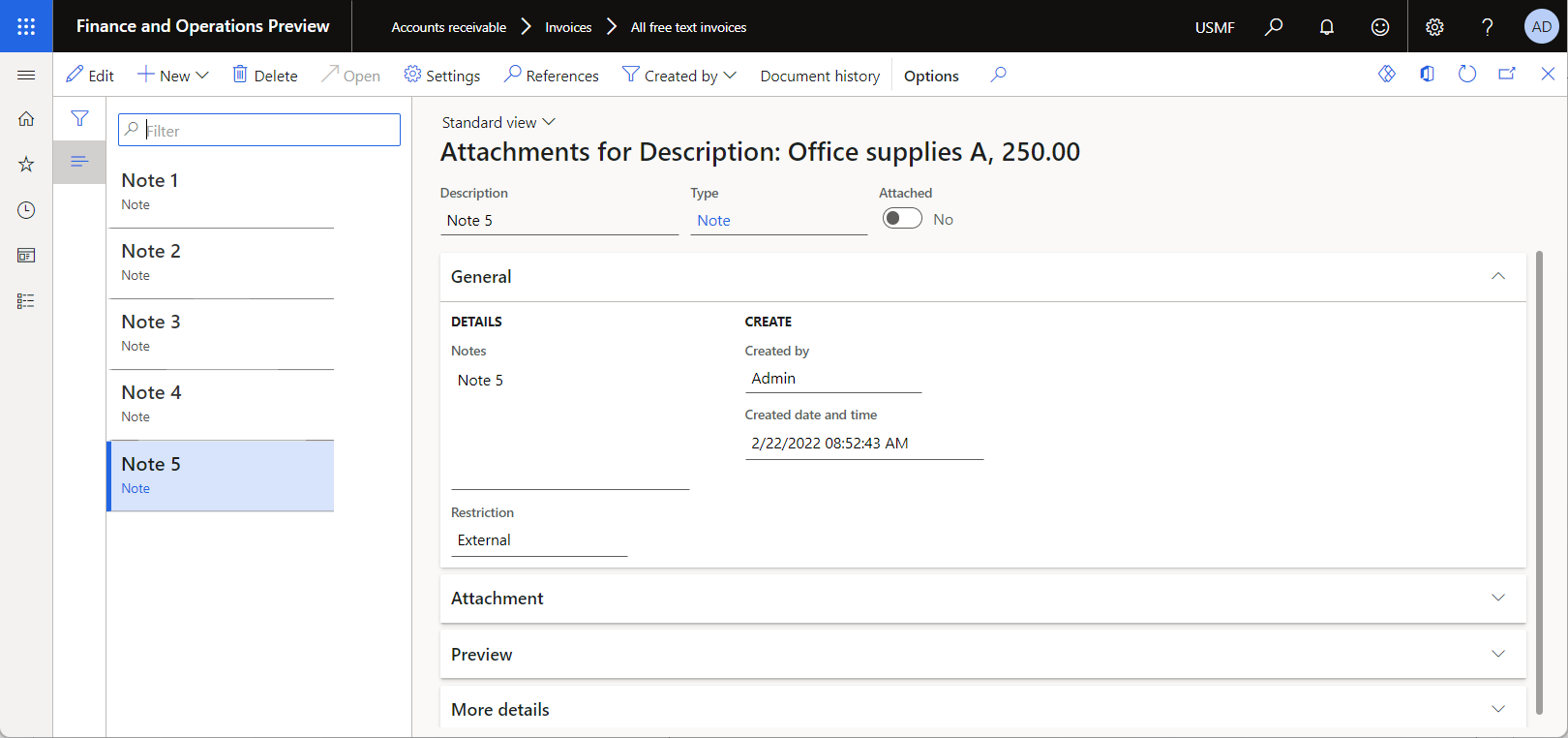 Screenshot of reviewing the invoice line notes on the Attachments page.