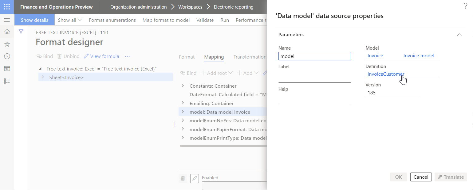 Screenshot of the model data source on the Format designer page.