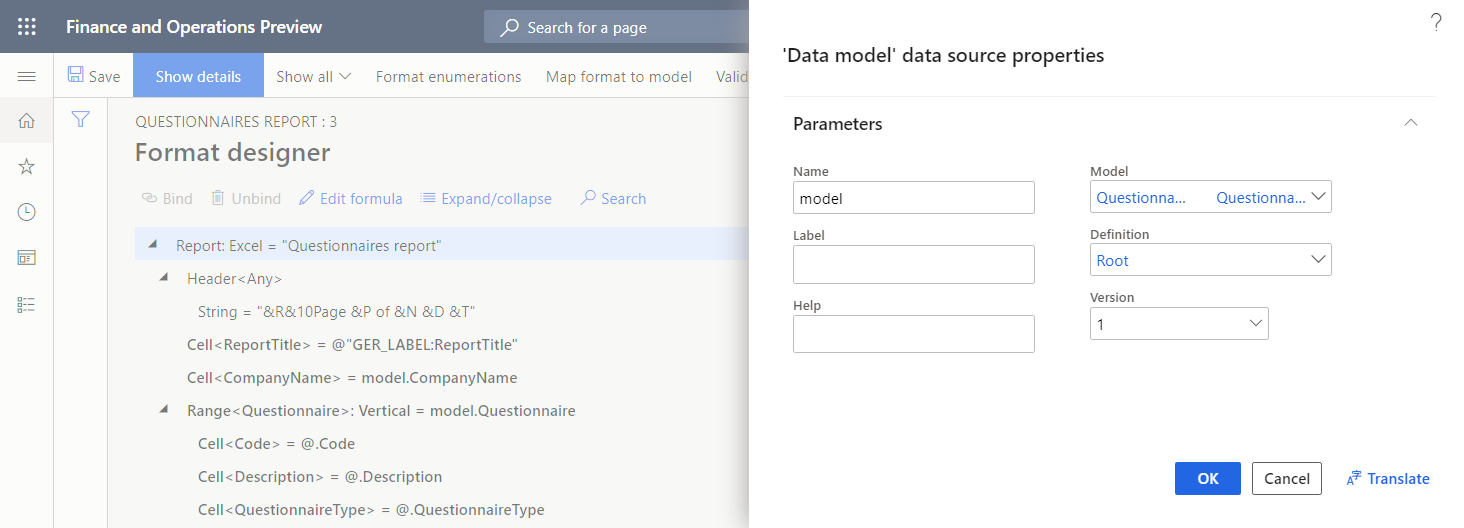 Screenshot of the properties of the model data source in the ER Operation designer.