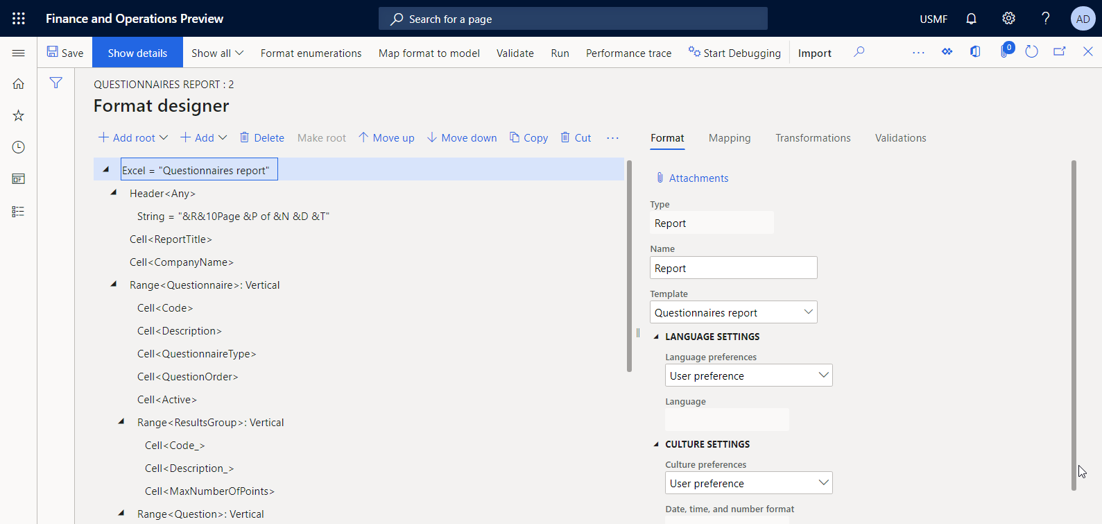 Screenshot of configuring language and culture settings for the designed report in the ER Operation designer.