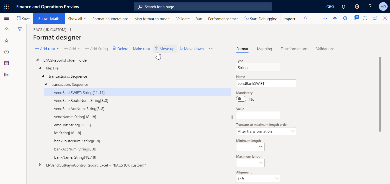 Screenshot of VendBankSWIFT as the first element under transaction in the ER Operations designer.