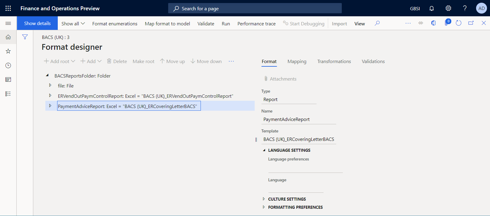 Screenshot of the PaymentAdviceReport format element in the ER Operations designer.