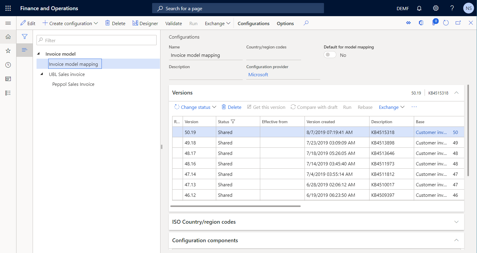 Screenshot of the Invoice model mapping ER model mapping configuration on the Configurations page.
