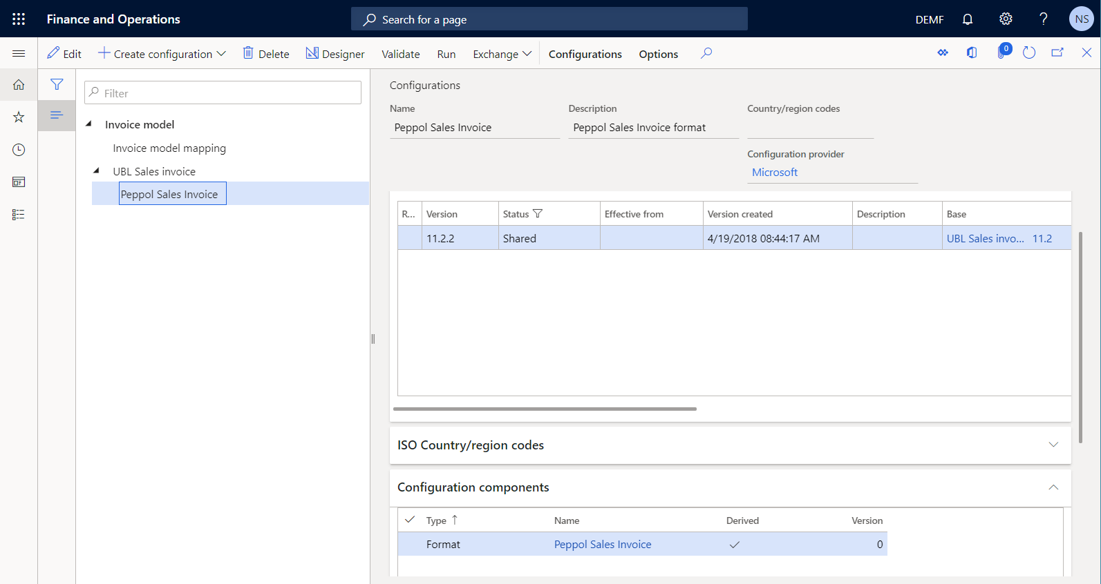 Screenshot of the Peppol Sales Invoice ER format configuration on the Configurations page.