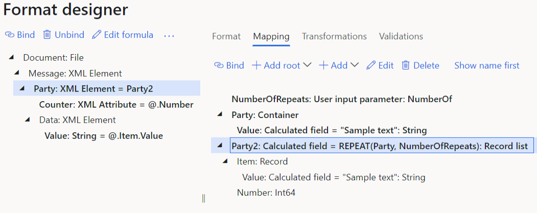 Screenshot of configured data bindings on the Mapping tab of the Format designer page.