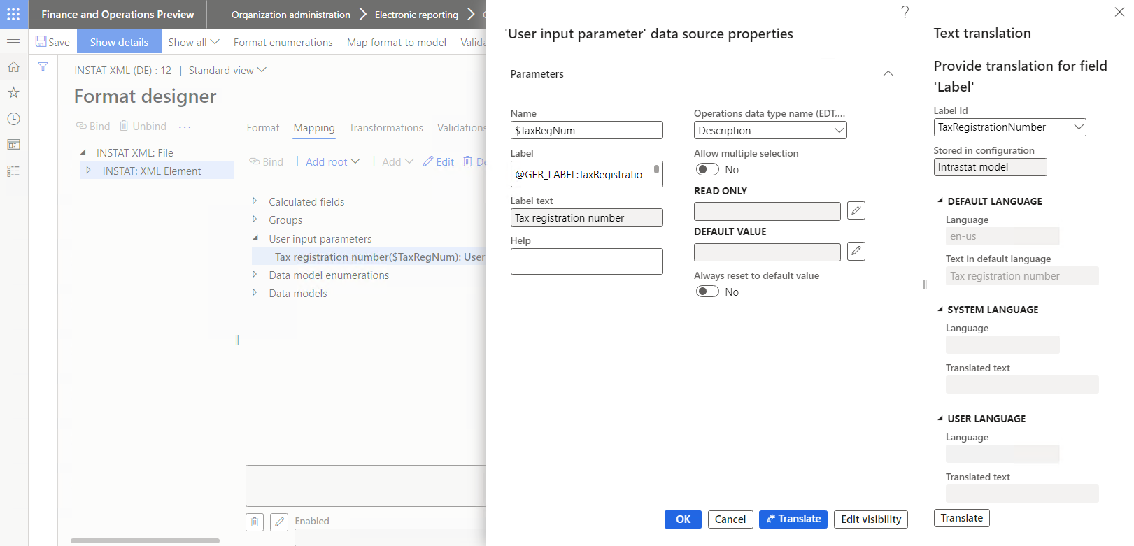 Screenshot of properties of a data source of the USER INPUT PARAMETER type in the dialog box of the Format designer page.