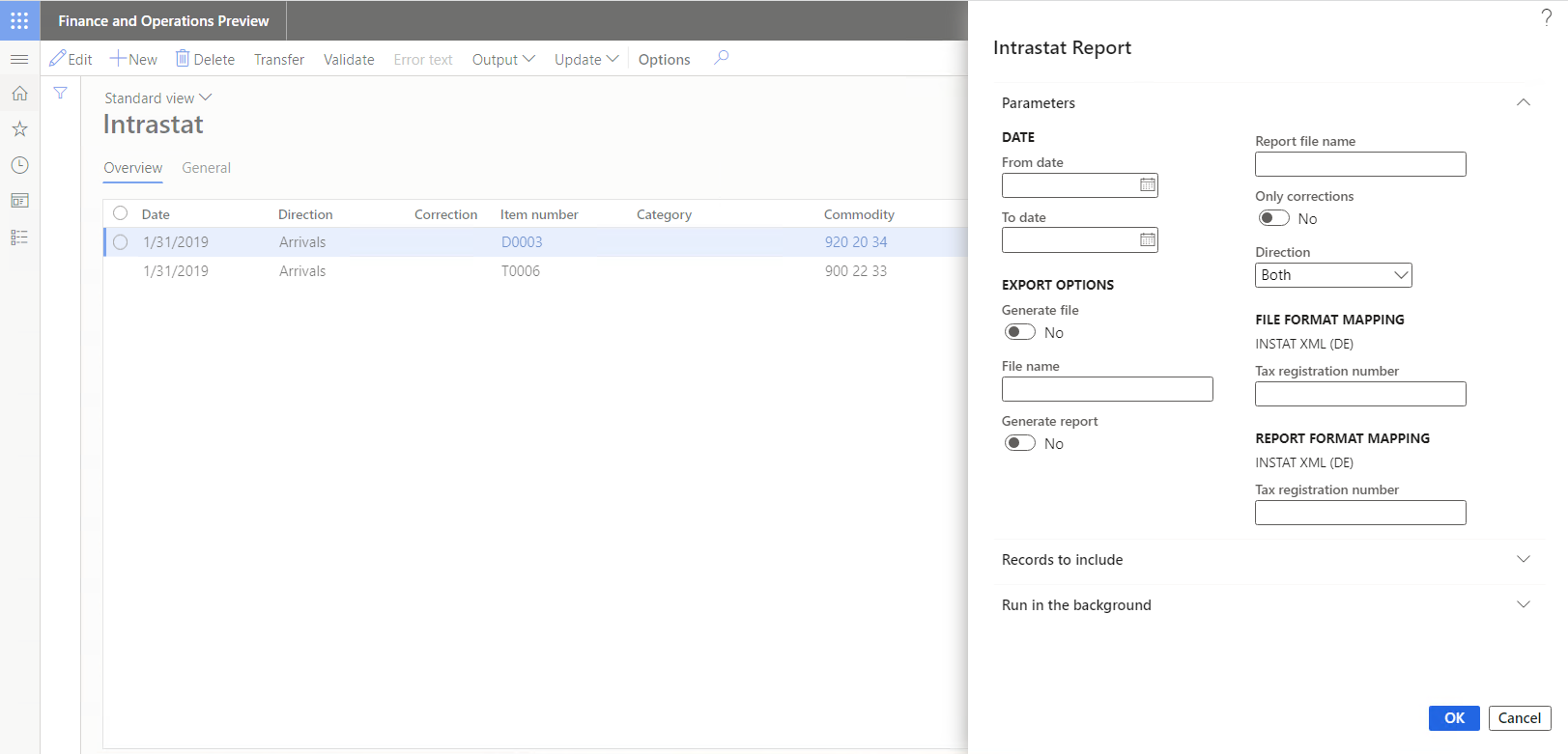 Screenshot of the Intrastat Report dialog box of the running ER format on the Intrastat page.