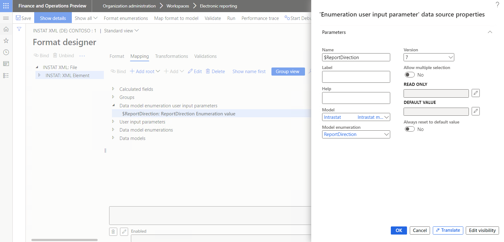 Screenshot of properties of the data source of the USER INPUT PARAMETER type in the dialog box of the Format designer page.
