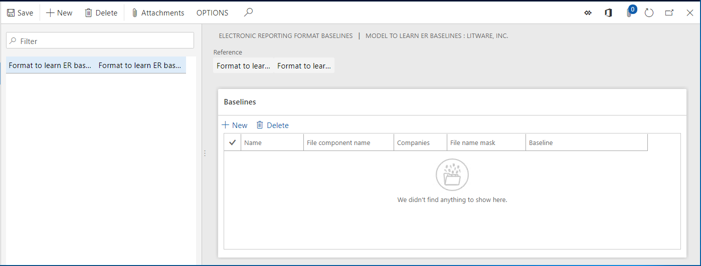 Screenshot of Electronic reporting format baselines page with empty Baselines grid and Format to learn ER baselines selected.