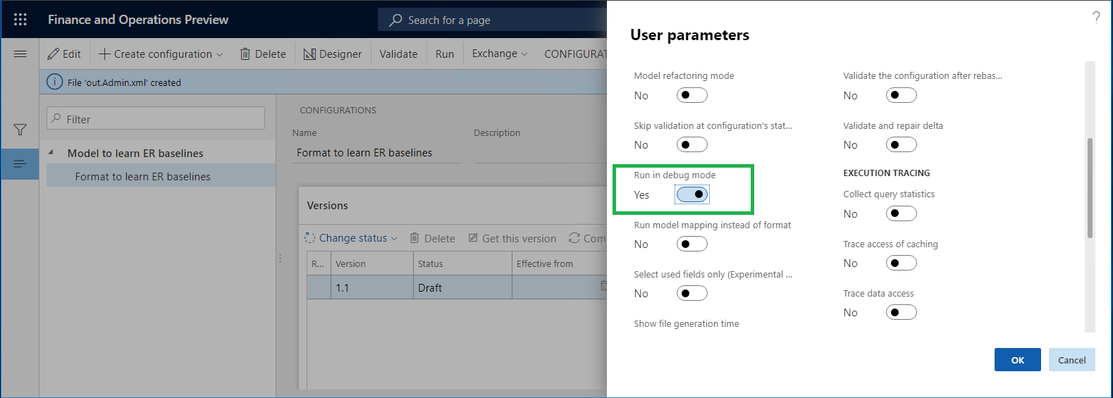 Screenshot of the User parameters dialog box.