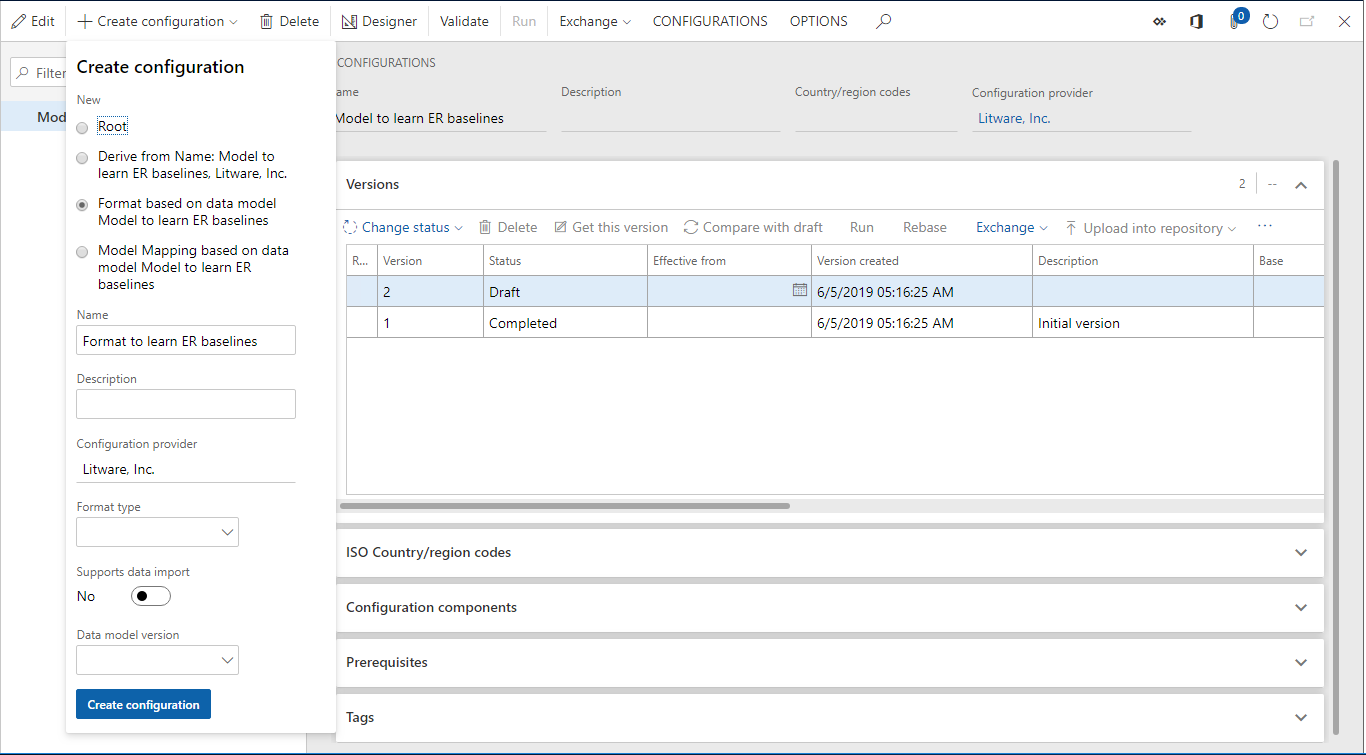 Screenshot of Create configuration dialog with Format based on data model option selected and Name field filled.