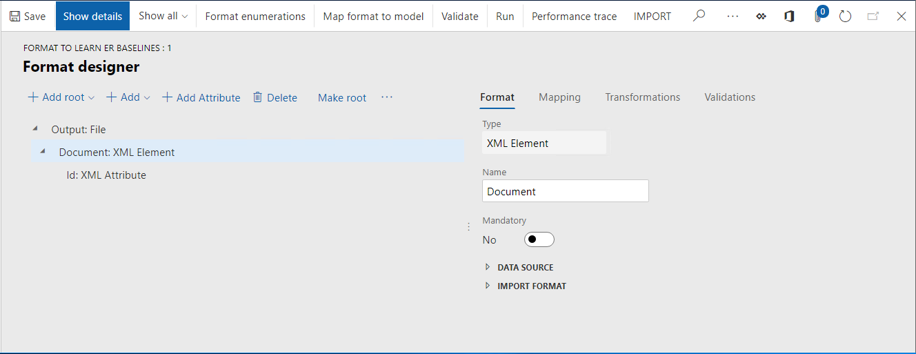 Screenshot of Format designer showing Document XML Element selected with Id XML Attribute in the tree.