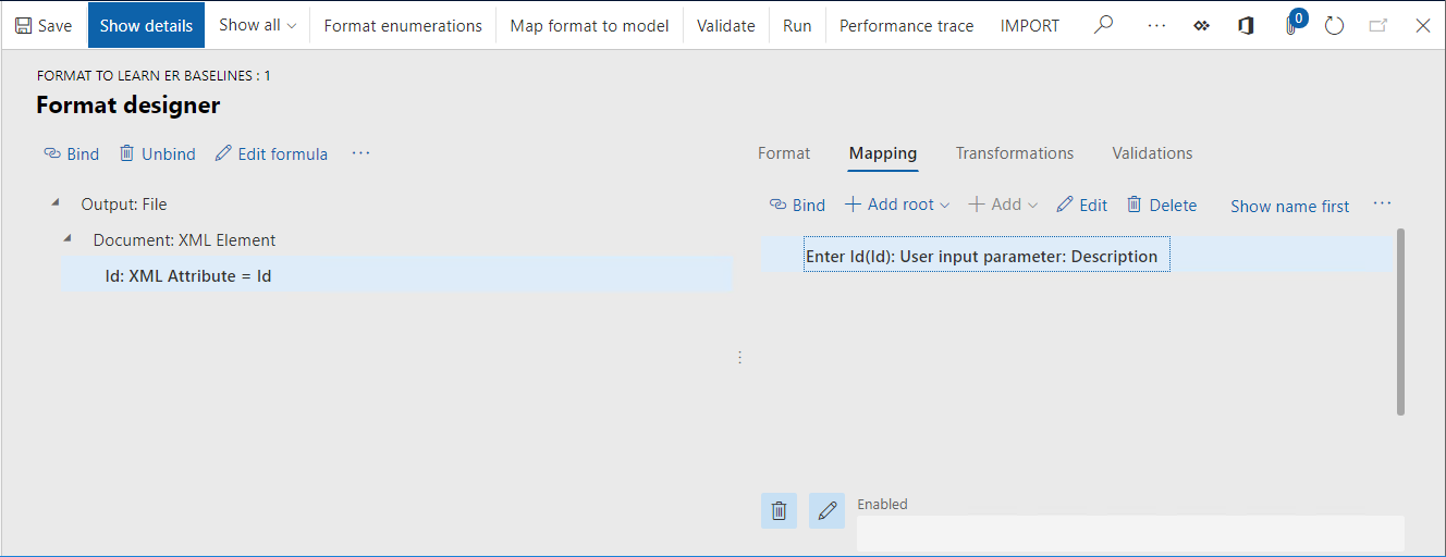Screenshot of Format designer Mapping tab with Id XML Attribute bound to User input parameter Description.