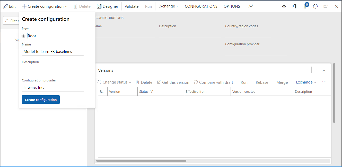 Screenshot of the Create configuration dialog with 'Model to learn ER baselines' in the Name field and Create configuration button.
