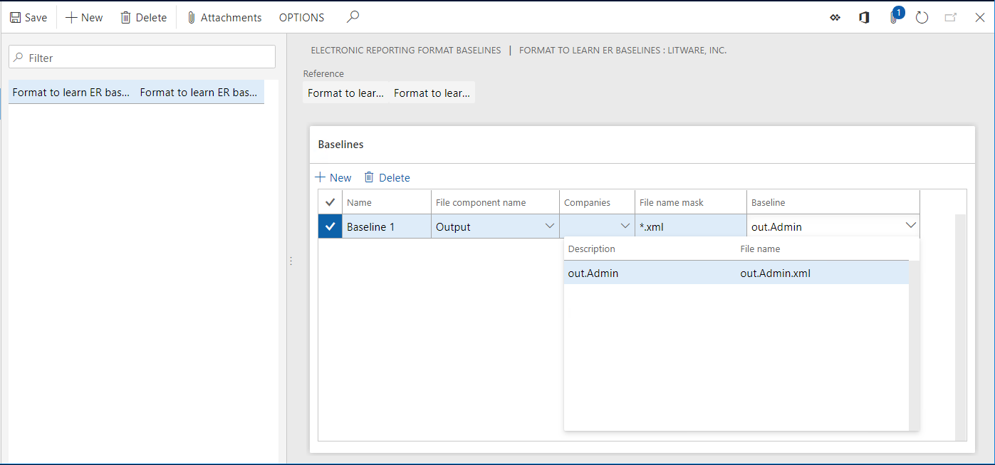 Screenshot of Electronic reporting format baselines page showing Baseline 1 with Output component, *.xml mask, and out.Admin baseline selected.