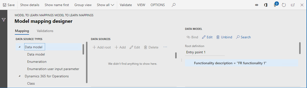 Screenshot of the ER model mapping designer page showing the FR functionality 1 formula.
