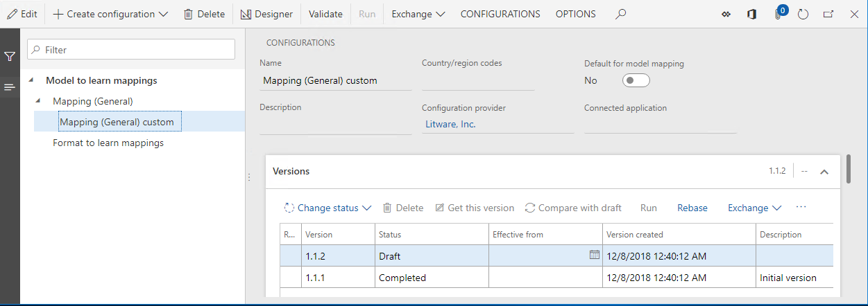 Screenshot of the ER configurations page showing the Mapping general custom configuration.