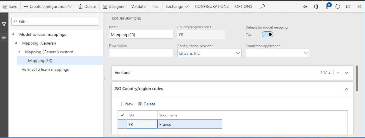 Screenshot of the ER configurations page showing the Mapping (FR) configuration with the Default for model mapping slider set to Yes.