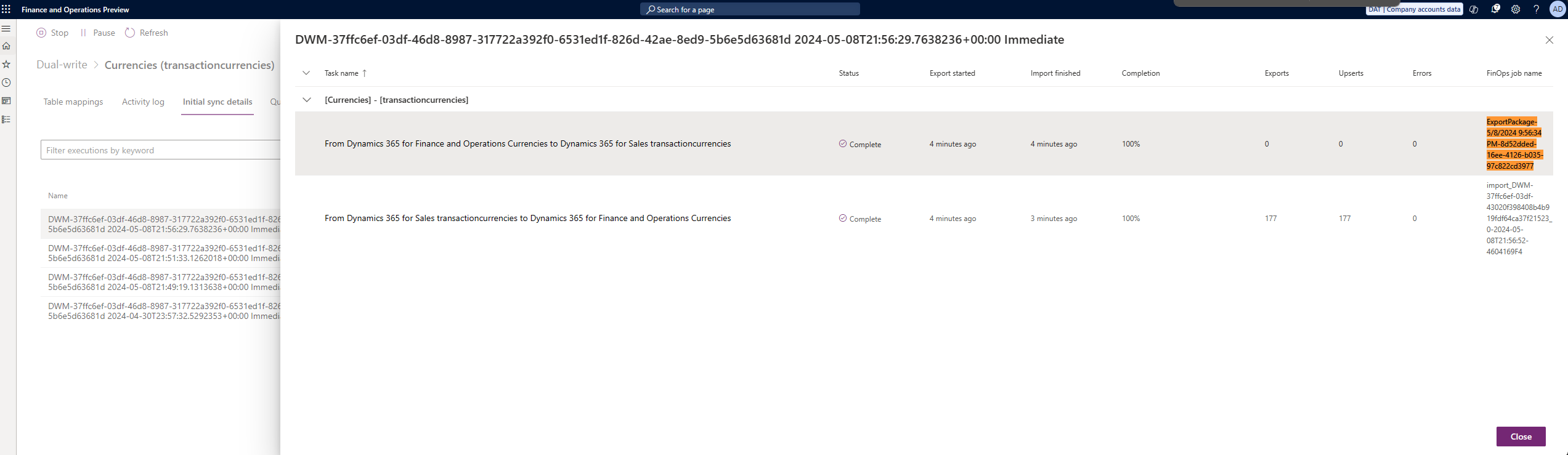 Screenshot of Initial sync details tab.