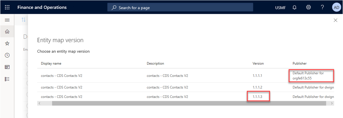 Screenshot of selecting the table map version to use in an environment.