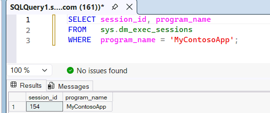 Screenshot from SQL Server Management Studio showing the results of the query on sys.dm_exec_sessions and the session identified by the program name MyContosoApp.